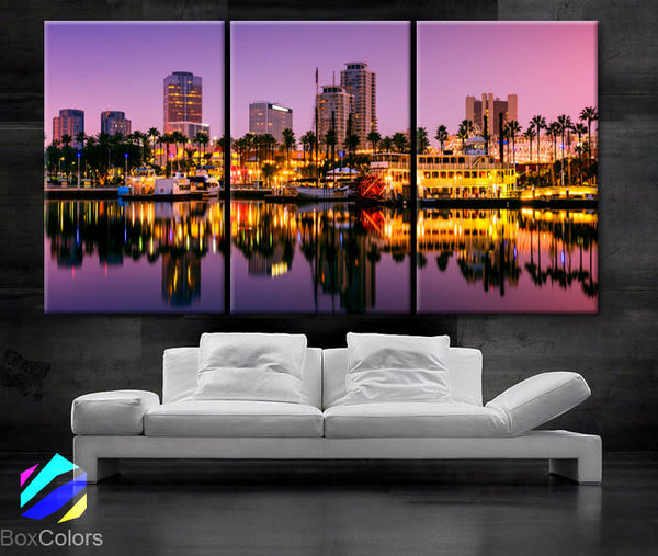 LARGE 30"x 60" 3 Panels Art Canvas Print Long Beach, California Skyline night light Downtown Wall Home decor interior (framed 1.5" depth) - BoxColors