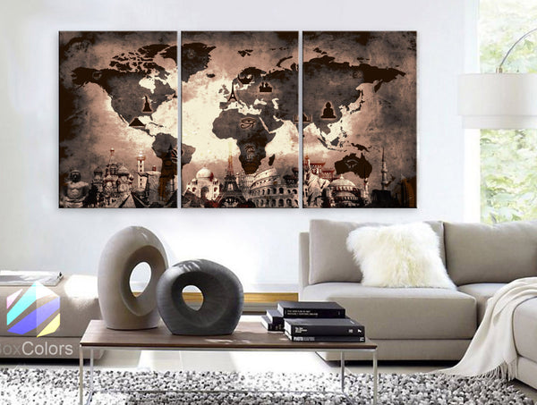 LARGE 30"x 60" 3 Panels Art Canvas Print Original Wonders of the world Old Paper Map Brown  Wall decor Home interior ( framed 1.5" depth) - BoxColors