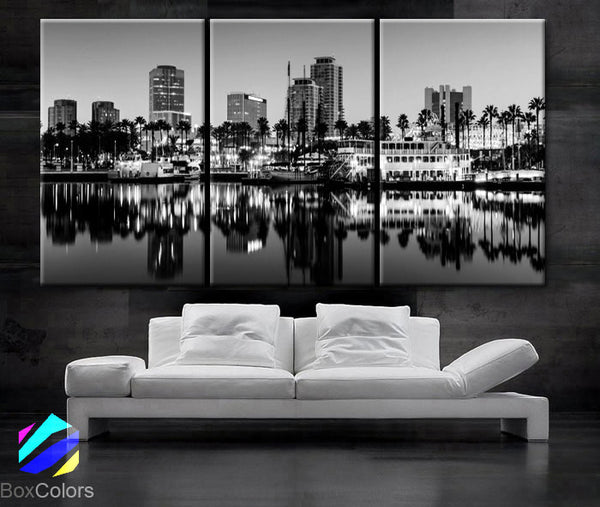 LARGE 30"x 60" 3 Panels Art Canvas Print Long Beach, California Black & White Skyline  Downtown Wall Home decor interior (framed 1.5" depth) - BoxColors
