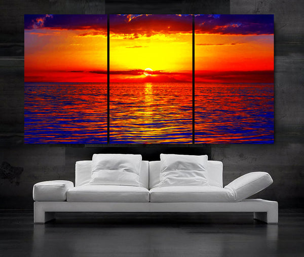 LARGE 30"x 60" 3 Panels Art Canvas Print Beautiful Sunset Beach ocean sun Red Yellow Blue Wall Home - BoxColors