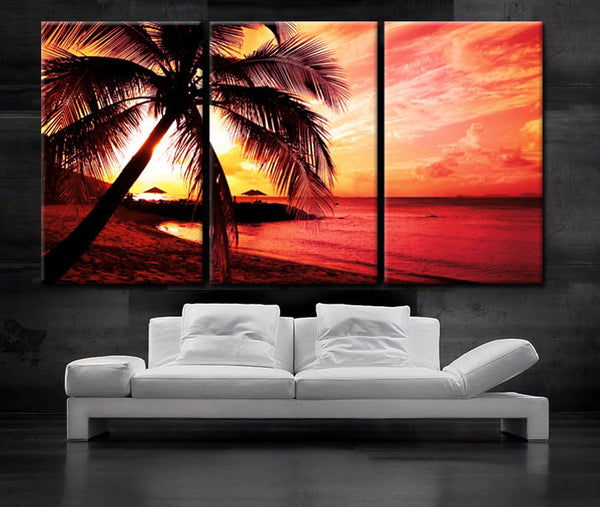 LARGE 30"x 60" 3 Panels Art Canvas Print beautiful Palm tree Beach Sunset Wall home office decor interior (Included framed 1.5" depth) - BoxColors