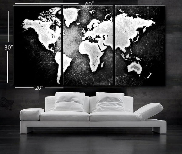 LARGE 30"x 60" 3 Panels Art Canvas Print  World Map Black & White Contrast Wall Home Office decor interior (Included framed 1.5" depth) - BoxColors