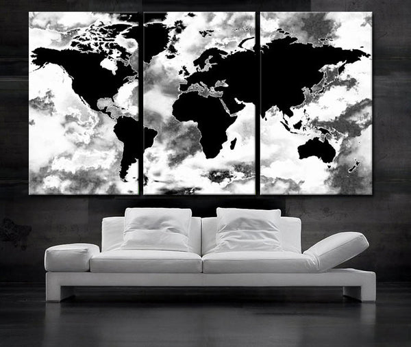 LARGE 30"x 60" 3 Panels Art Canvas Print beautiful World Map Black & White Wall Home Decor interior (Included framed 1.5" depth) - BoxColors