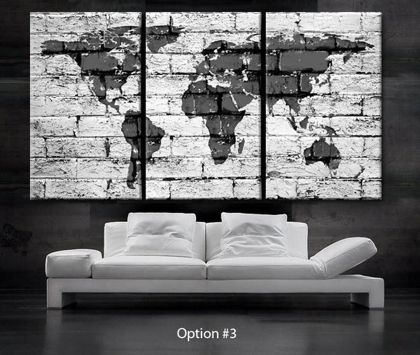 LARGE 30"x 60" 3 Panels Art Canvas Print beautiful World Map bricks concrete texture painted Wall home office (Included framed 1.5" depth) - BoxColors