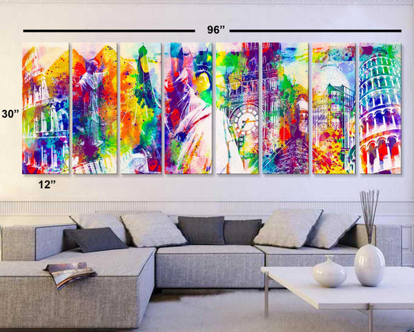 30"x 96" 8 Panels Art Canvas Print Wonders World Watercolor wall decor Home - BoxColors