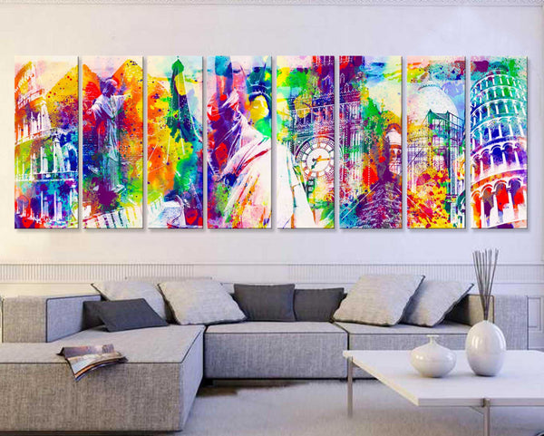 30"x 96" 8 Panels Art Canvas Print Wonders World Watercolor wall decor Home - BoxColors