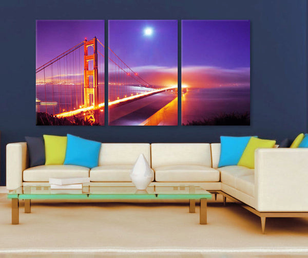 LARGE 30"x 60" 3 Panels Art Canvas Print Golden Gate night Lights San francisco California Wall Home decor interior (framed 1.5" depth) - BoxColors