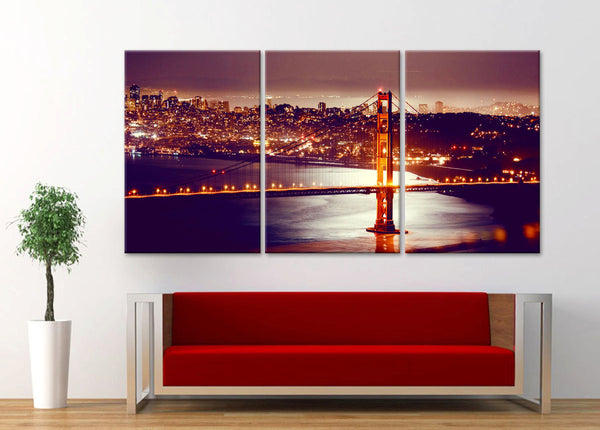 LARGE 30"x 60" 3 Panels Art Canvas Print Golden gate nightly Bridge San Francisco California Wall Home decor interior (framed 1.5" depth) - BoxColors