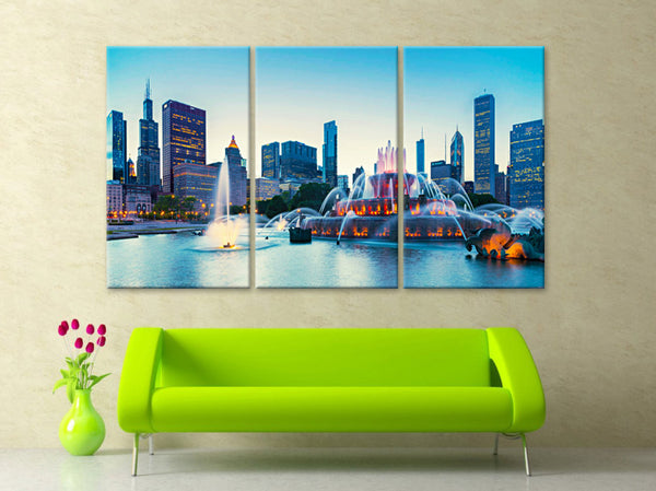 LARGE 30"x 60" 3 Panels Art Canvas Print Buckingham Fountain in Grant Park Chicago Wall Home decor interior (framed 1.5" depth) - BoxColors