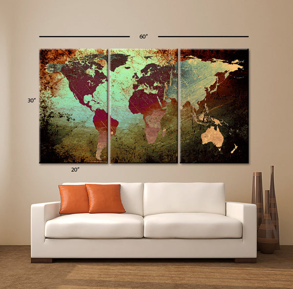 LARGE 30"x 60" 3 Panels 30"x20" Ea Art Canvas Print World Map Texture Abstract Wall Decor interior design Home Office (Included framed 1.5" depth) - BoxColors