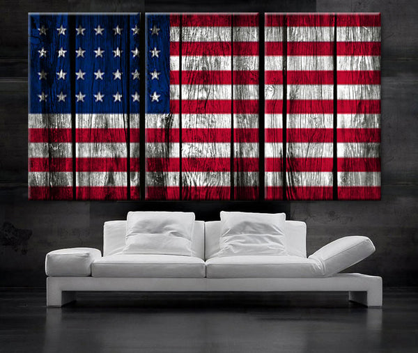 LARGE 30"x 60" 3 Panels Art Canvas Print Original American flag Glory Old wood texture Wall decor Home interior (Included framed 1.5" depth) - BoxColors