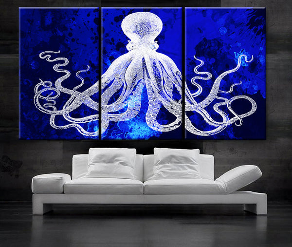 LARGE 30"x 60" 3 Panels Art Canvas Print Octopus watercolor blue background Wall home Office decor interior (Included framed 1.5" depth) - BoxColors