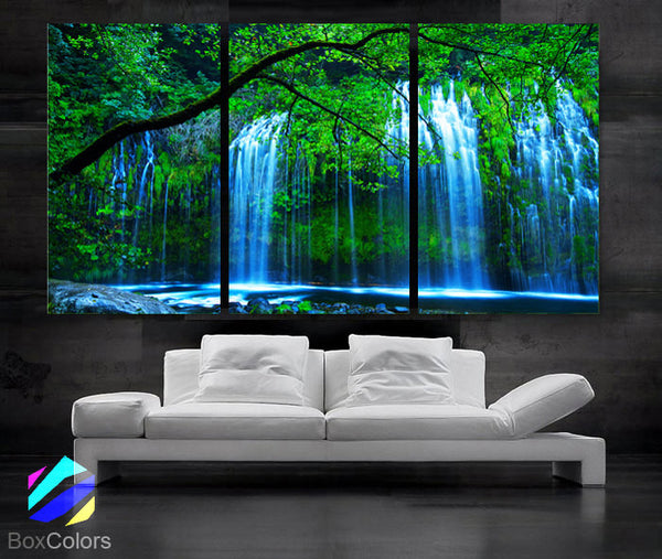 LARGE 30"x 60" 3 Panels Art Canvas Print beautiful Waterfall Trees Green Blue river Wall Home (Included framed 1.5" depth) - BoxColors