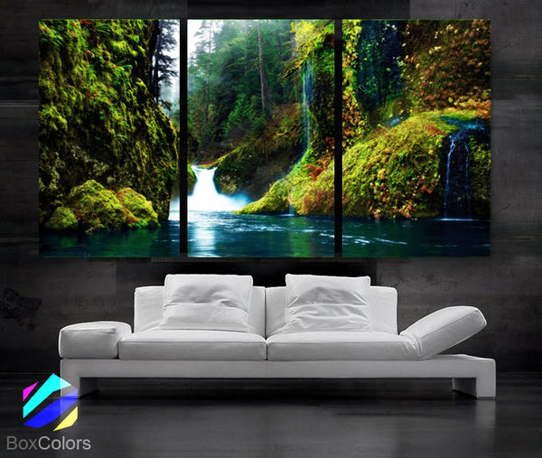 LARGE 30"x 60" 3 Panels Art Canvas Print beautiful Waterfall in forest Green Blue river Wall Home (Included framed 1.5" depth) - BoxColors