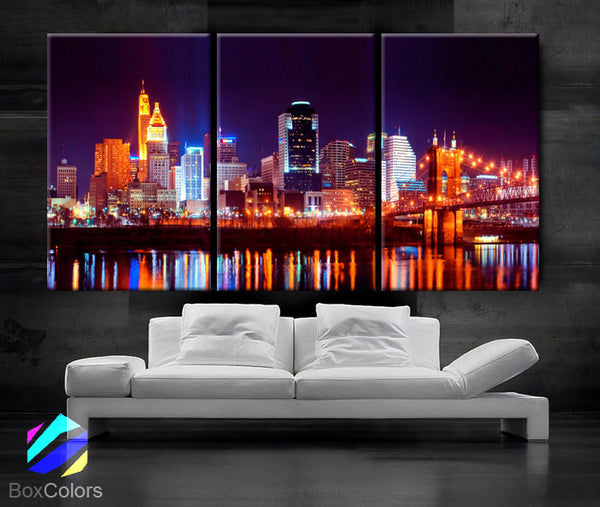 LARGE 30"x 60" 3 Panels Art Canvas Print Cincinnati Skyline night light Downtown bridge Wall Home decor interior (framed 1.5" depth) - BoxColors