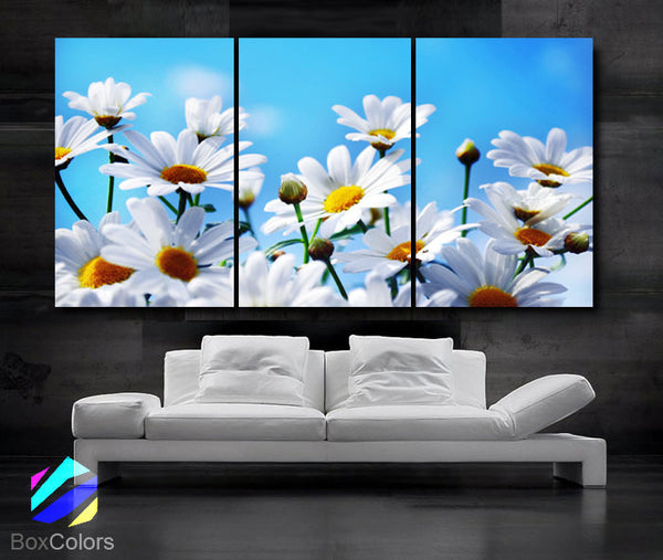 LARGE 30"x 60" 3 Panels Art Canvas Print Daisies Flowers Floral White Light Blue Wall (Included framed 1.5" depth) - BoxColors