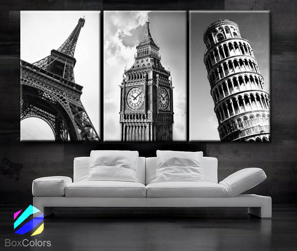 LARGE 30"x 60" 3 Panels Art Canvas Print beautiful Tower Eiffel  Paris - Big ben London -Tower Pizza italy Wall - BoxColors
