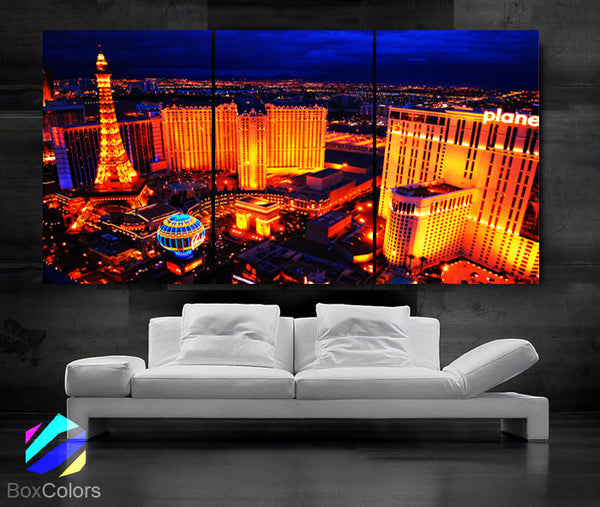 LARGE 30"x 60" 3 Panels Art Canvas Print Beautiful skyline Las Vegas Nevada night Wall Home (Included framed 1.5" depth) - BoxColors