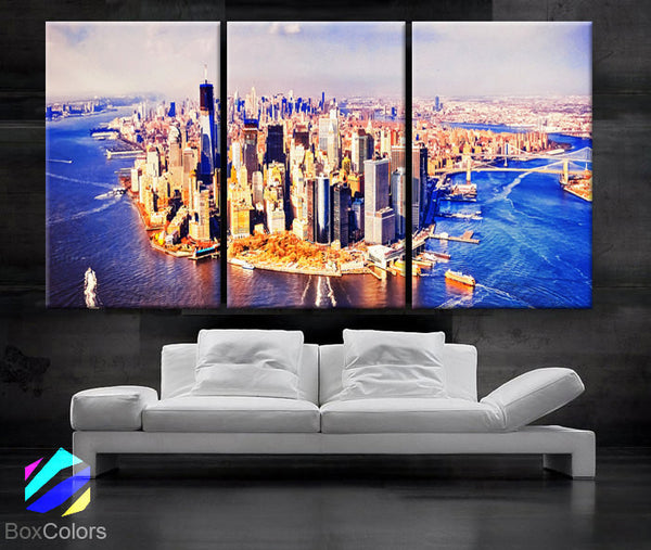 LARGE 30"x 60" 3 panels Art Canvas Print Harbor New York City downtown Manhattan NY Wall Home (Included framed 1.5" depth) - BoxColors