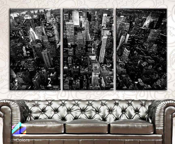 LARGE 30"x 60" 3 Panels Art Canvas Print New York City Downtown Building Skyscrapers Black & White Wall Home (Included framed 1.5" depth) - BoxColors