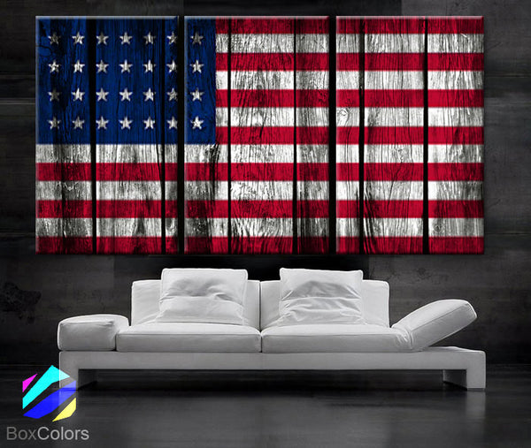 LARGE 30"x 60" 3 Panels Art Canvas Print Original American flag Glory Old wood texture Wall decor Home interior (Included framed 1.5" depth) - BoxColors