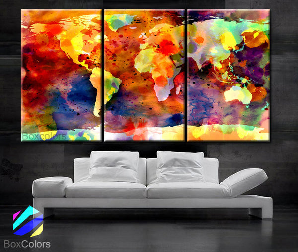 LARGE 30"x 60" 3 Panels Art Canvas Print Original Watercolor World Map colors Wall Home office decor interior (Included framed 1.5" depth) - BoxColors