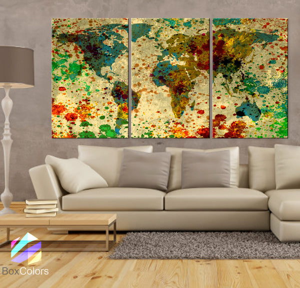 LARGE 30"x 60" 3 Panels Art Canvas Print beautiful World Map Texture Watercolor Abstract Wall interior decor Home Office (framed 1.5" depth) - BoxColors