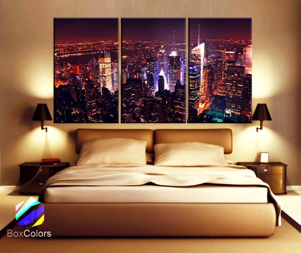 LARGE 30"x 60" 3 Panels Art Canvas Print Downtown Manhattan skyline Night Black & White or With Colors Wall Home decor (framed 1.5" depth) - BoxColors