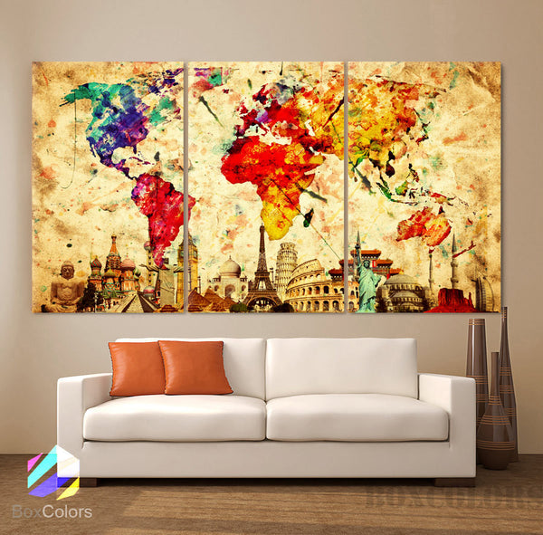 LARGE 30"x 60" 3 Panels Art Canvas Print Original Wonders of the world Old Paper Map Colorful Wall decor Home interior (framed 1.5" depth) - BoxColors