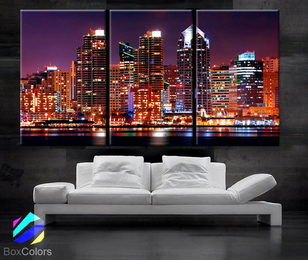LARGE 30"x 60" 3 Panels Art Canvas Print Beautiful San Diego CA skyline light downtown Colorful Wall Home Office decor (framed 1.5" depth) - BoxColors