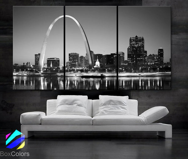 LARGE 30"x 60" 3 Panels Art Canvas Print beautiful St. louis Skyline Black & White City Missouri Wall Home (Included framed 1.5" depth) - BoxColors