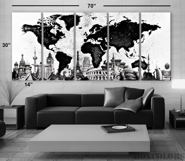 XLARGE 30"x70" 5Panels Art Canvas Print World Map Watercolor B & W Home Office decor (framed 1.5" depth) - BoxColors