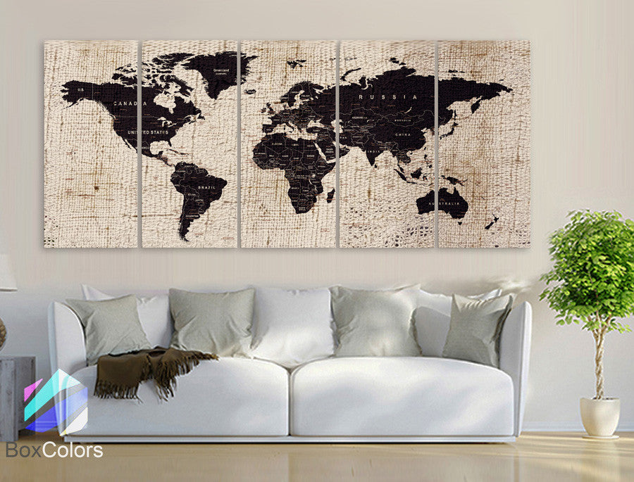 XLARGE 30"x 70" 5 Panels 30"x14" Ea Art Canvas Texture Print Map World Cities Push Pin Travel Wall Brown beige decor Home interior (framed 1.5" depth) - BoxColors