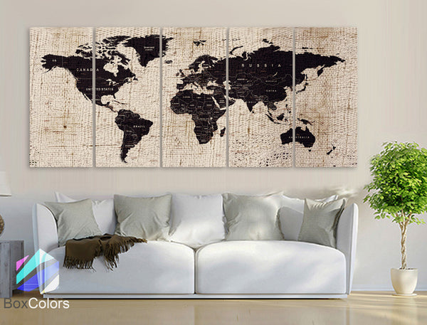 XLARGE 30"x 70" 5 Panels 30"x14" Ea Art Canvas Texture Print Map World Cities Push Pin Travel Wall Brown beige decor Home interior (framed 1.5" depth) - BoxColors