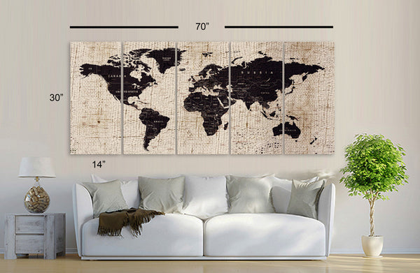 XLARGE 30"x 70" 5 Panels 30"x14" Ea Art Canvas Texture Print Map World Cities Push Pin Travel Wall Brown beige decor Home interior (framed 1.5" depth) - BoxColors