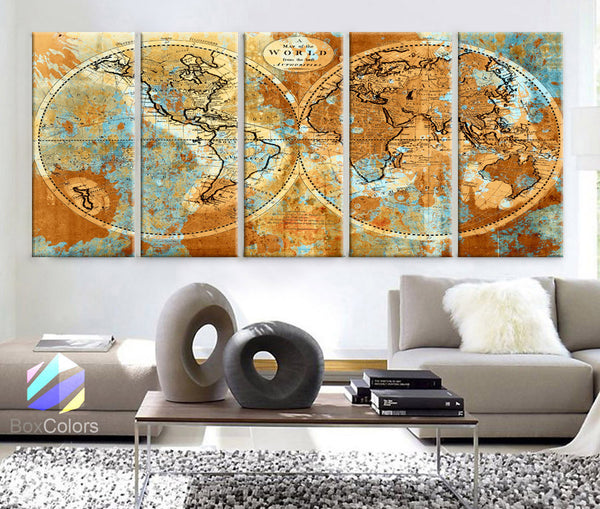 XLARGE 30"x 70" 5 Panels 30"x14" Ea Art Canvas Print World Map Watercolor Old Vintage Rustic Wall Decor Home Office Interior(framed 1.5" Depth) - BoxColors