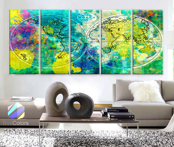 XLARGE 30"x 70" 5 Panels 30"x14" Ea Art Canvas Print World Map Watercolor green yellow Old Vintage Wall Decor Home Office (framed 1.5" Depth) - BoxColors