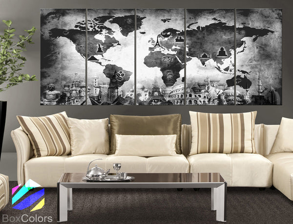 XLARGE 30"x 70" 5 Panels 30"x14" Ea Art Canvas Print Original Wonders of the world Old Map Black & White Wall decor Home interior (framed 1.5" depth) - BoxColors