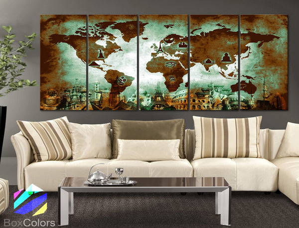 XLARGE 30"x 70" 5 Panels 30"x14" Ea Art Canvas Print Original Wonders of the world Old Paper Map Green Brown Wall decor Home - BoxColors