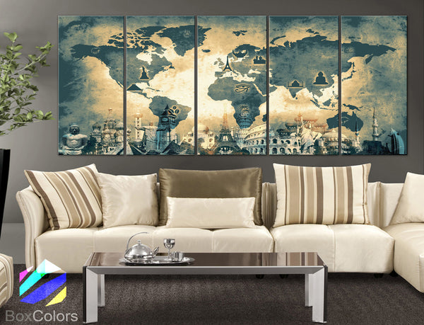XLARGE 30"x 70" 5 Panels 30"x14" Ea Art Canvas Print Original Wonders of the world Old Map Light yellow Wall decor Home interior (framed 1.5" depth) - BoxColors