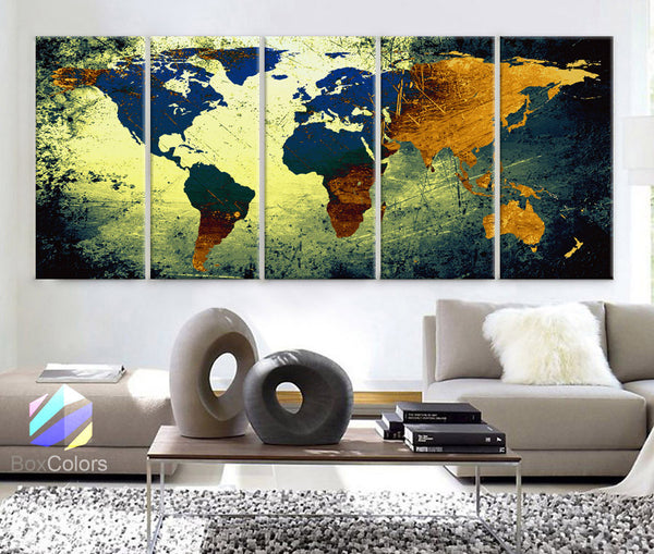XLARGE 30"x 70" 5 Panels 30"x14" Ea Art Canvas Print World Map Texture Abstract yellow blue Wall Decor Home Office (Framed 1.5" Depth) - BoxColors