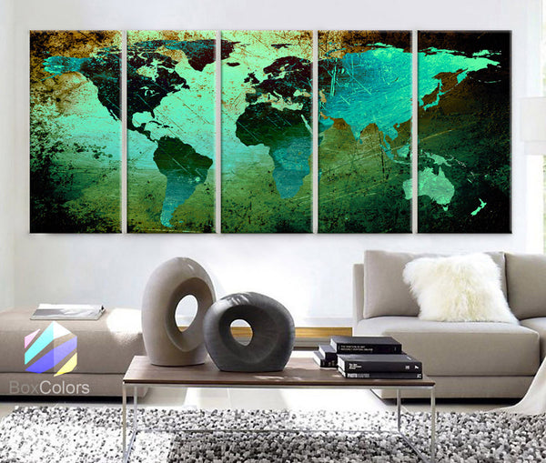 XLARGE 30"x 70" 5 Panels 30"x14" Ea Ea Art Canvas Print World Map Texture Abstract Green Blue Wall Decor Interior Home - BoxColors