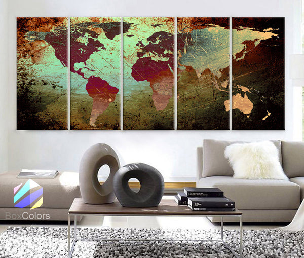 XLARGE 30"x 70" 5 Panels 30"x14" Ea Art Canvas Print World Map Texture Abstract Wall Decor Interior Design Home Office (Framed 1.5" Depth) - BoxColors