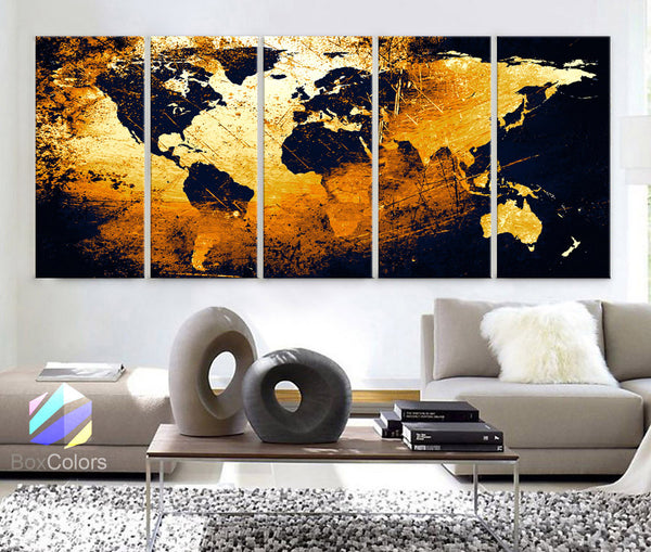 XLARGE 30"x 70" 5 Panels 30"x14" Ea Ea Art Canvas Print World Map Texture Abstract Yellow Black Wall Decor Interior  Home - BoxColors