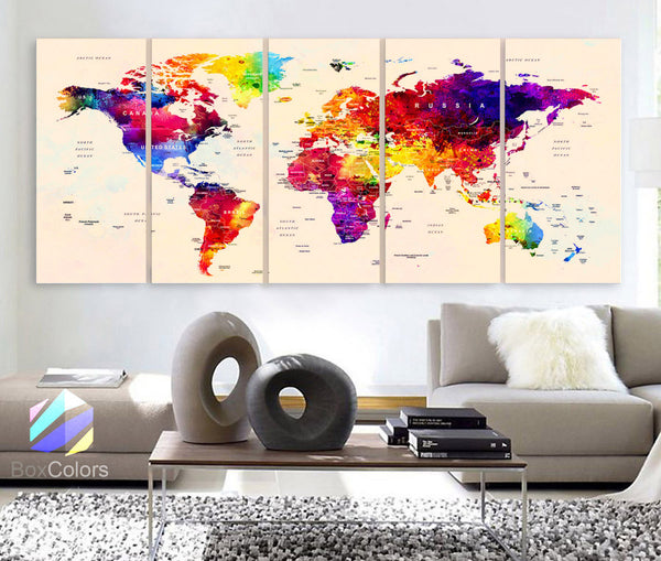 Xlarge 30"x 70" 5 Panels 30x14 Ea Art Canvas Print Watercolor Map World Push Pin Travel cities Wall beige background decor Home (framed 1.5" depth) - BoxColors