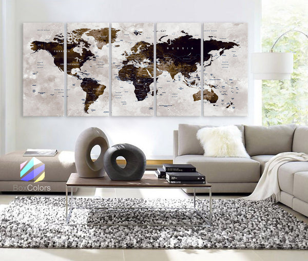 XLARGE 30" x 70" 5 Panels Art Canvas Print Watercolor Map World Push Pin Travel Wall color Brown beige decor Home interior (framed 1.5" depth) - BoxColors