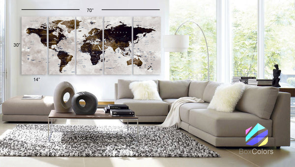 XLARGE 30" x 70" 5 Panels Art Canvas Print Watercolor Map World Push Pin Travel Wall color Brown beige decor Home interior (framed 1.5" depth) - BoxColors