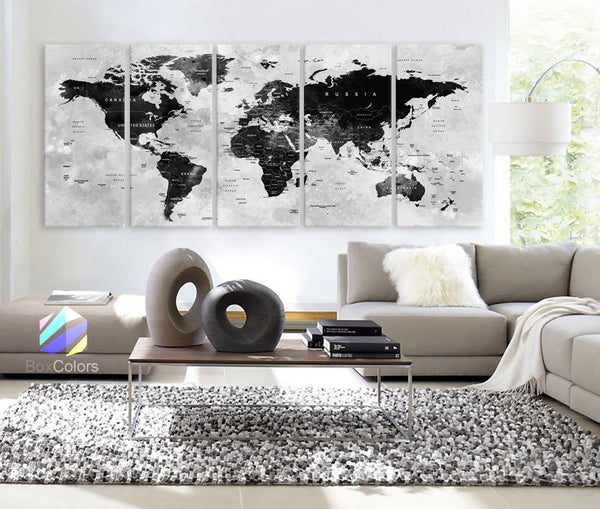 XLARGE 30"x 70" 5 Panels 30"x14" Ea Art Canvas Print Watercolor Map World Countries Cities Push Pin Travel Wall Black White decor Home - BoxColors