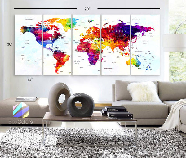 Xlarge 30"x 70" 5 Panels 30x14 Ea Art Canvas Print World Map Original Watercolor Push Pin Travel cities Wall Home Office decor (framed 1.5" depth) - BoxColors
