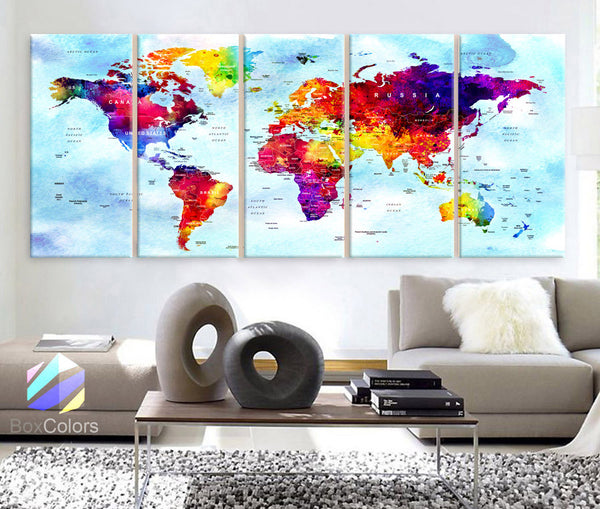 XLARGE 30"x 70" 5 Panels 30"x14" Ea Art Canvas Print Watercolor Map World Countries Cities Push Pin Travel Wall fullcolor background Blue decor Home - BoxColors
